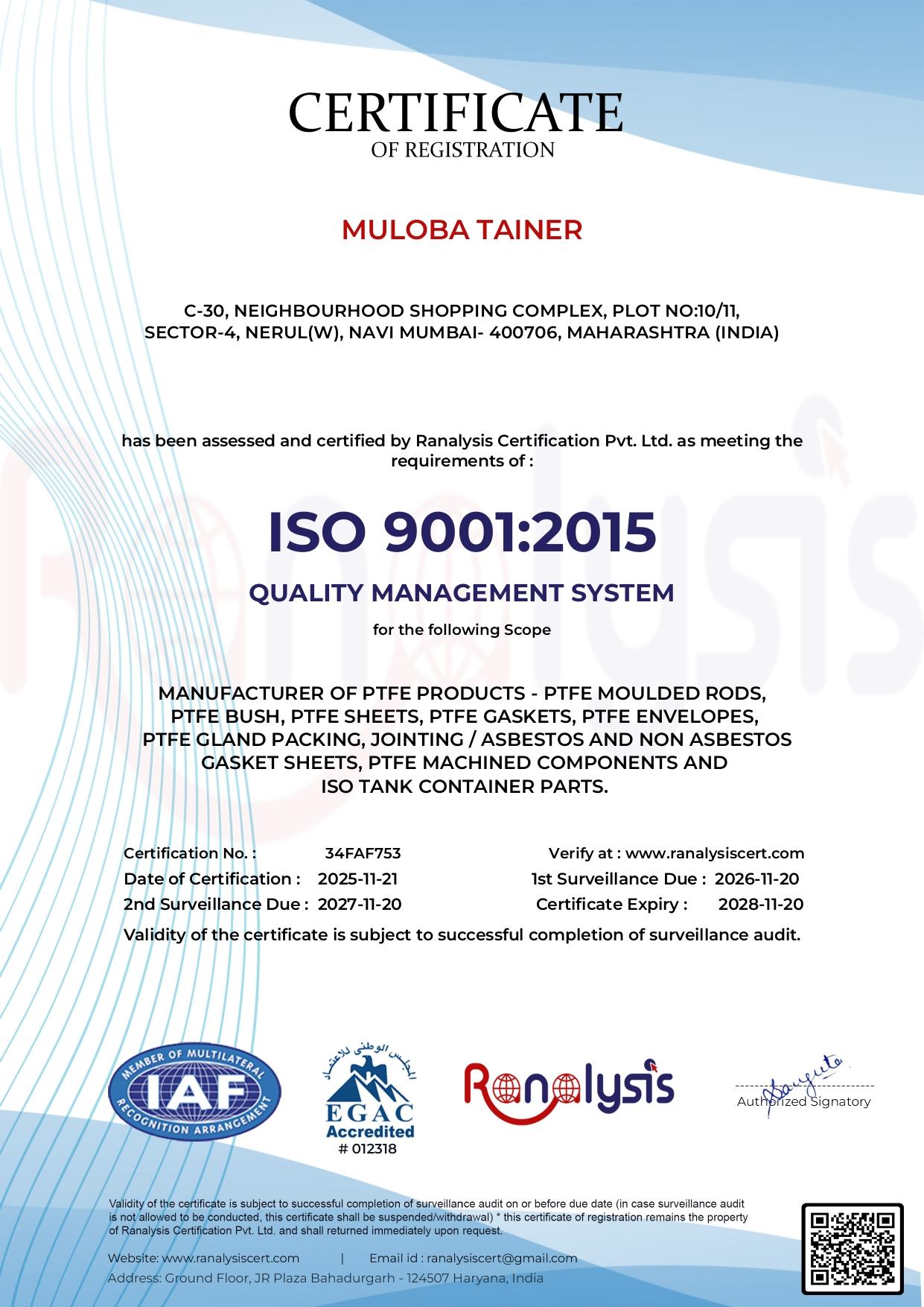 ISO 9001:2015 Certificate - Muloba Tainer LLP